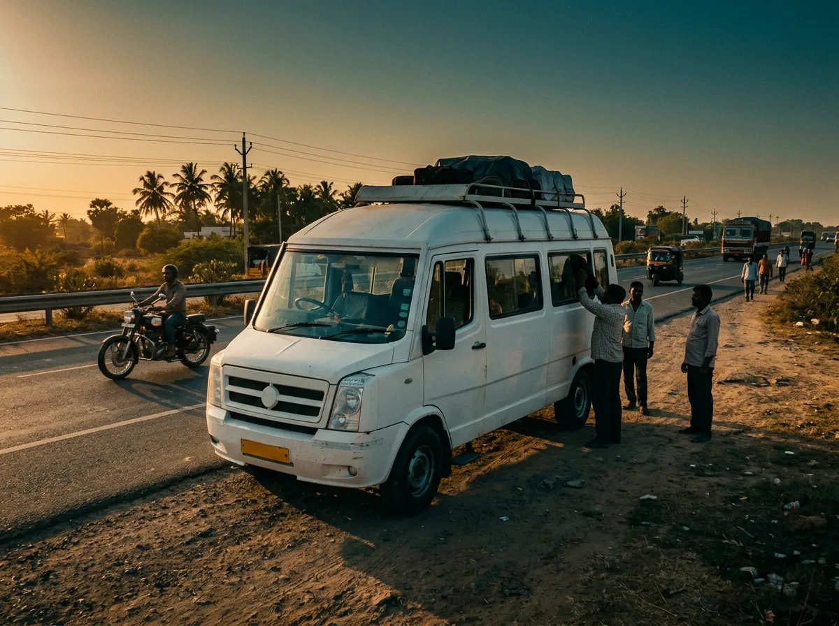 White tempo traveller minibus parked at the edge of an Indian highway at golden hour