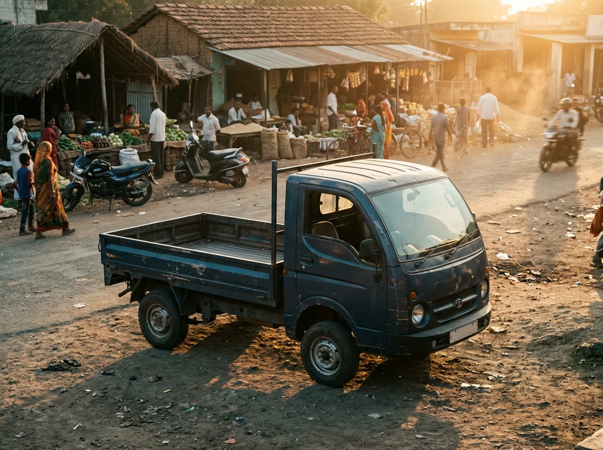 Small Indian mini truck with an open cargo bed parked outside a roadside market at golden hour