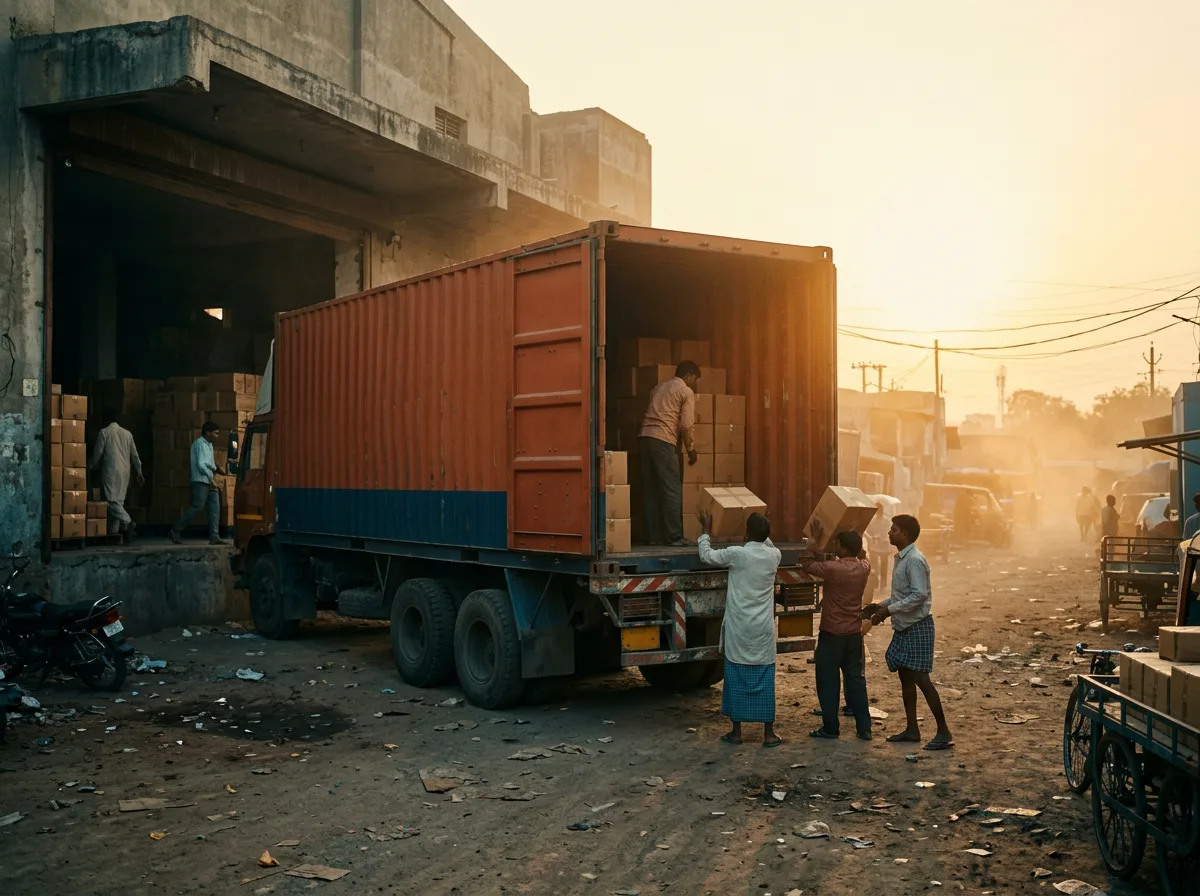 Container truck being loaded with cartons at an Indian warehouse loading bay in warm evening light