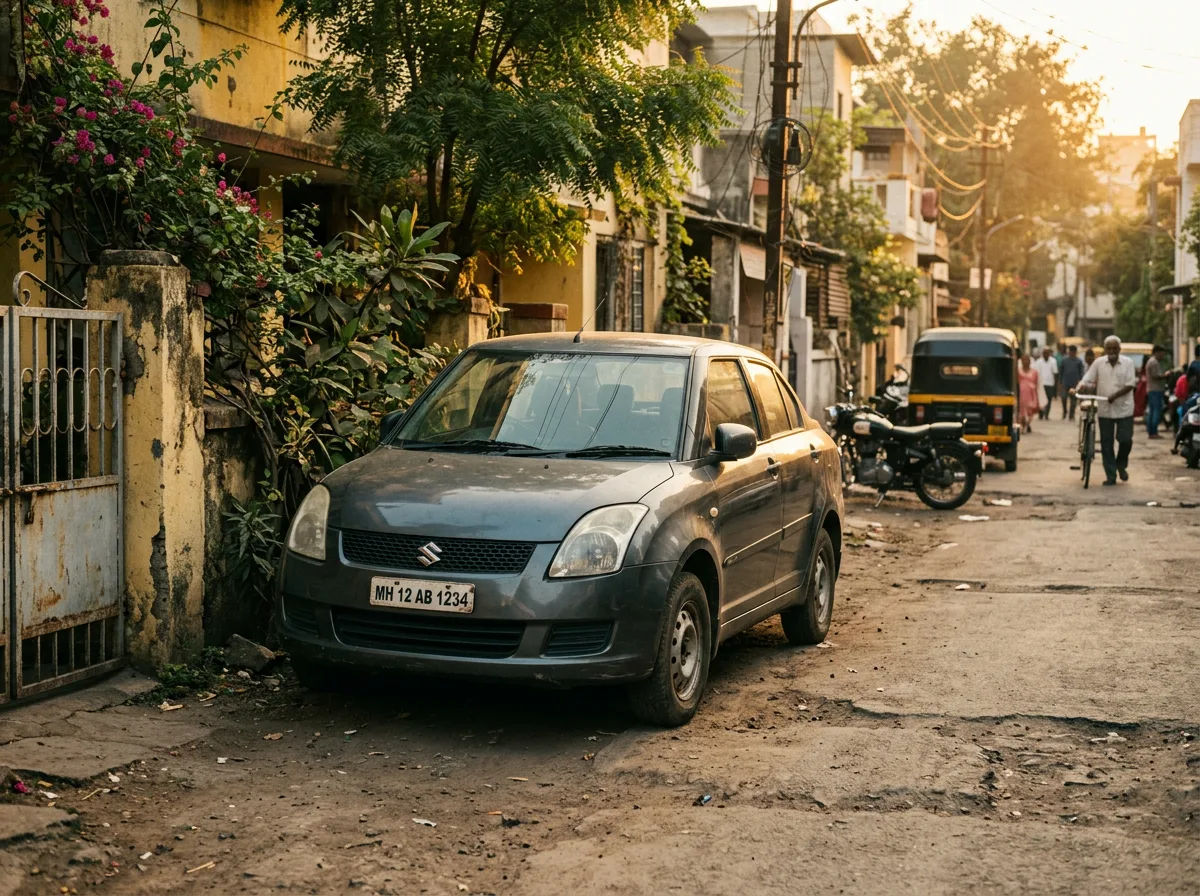 White seven-seat SUV parked on the shoulder of an Indian road at golden hour