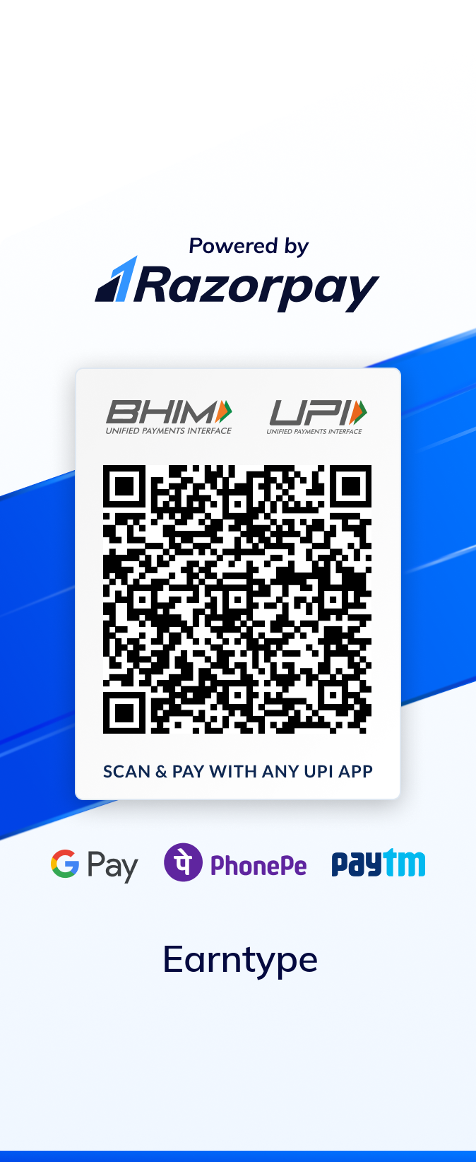 UPI QR code — scan with Google Pay, PhonePe, Paytm or BHIM