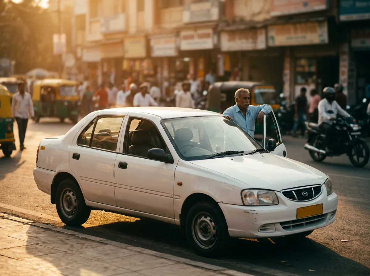 White sedan taxi parked at the kerb of an Indian city street in golden-hour light